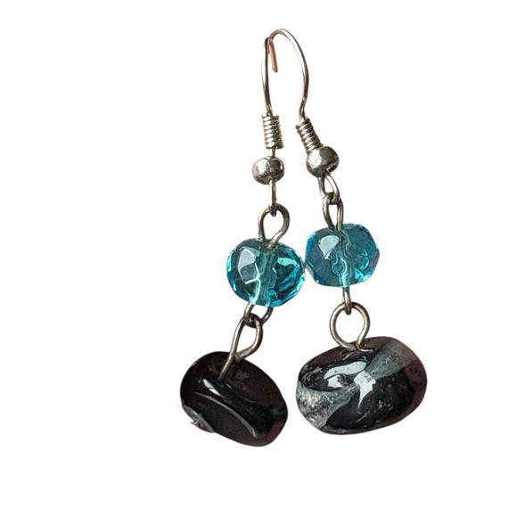 Blue Beaded Natural Stone Dangle Earrings Silver Tone - Picture 3 of 5